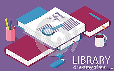 Isometric library creative concept for writing or blogging, school education, Vector Illustration