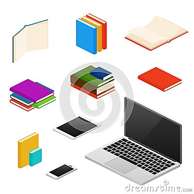 Isometric library, educational equipment, books, computers and devices Vector Illustration