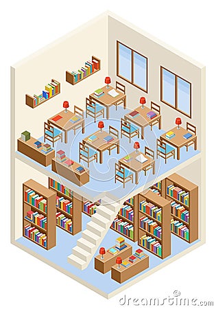 Isometric library and reading room Vector Illustration