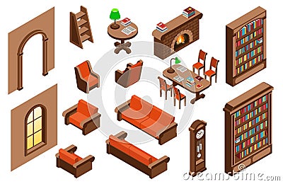 Isometric Library Set Vector Illustration