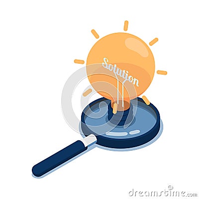 Isometric Light Bulb of Idea with Word Solution Inside Over Magnifying Glass Vector Illustration
