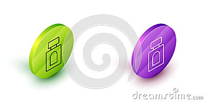 Isometric line Aftershave icon isolated on white background. Cologne spray icon. Male perfume bottle. Green and purple Stock Photo