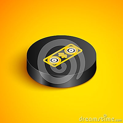 Isometric line Bluetooth connected icon isolated on yellow background. Black circle button. Vector Stock Photo