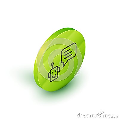 Isometric line Bot icon isolated on white background. Robot icon. Green circle button. Vector Vector Illustration