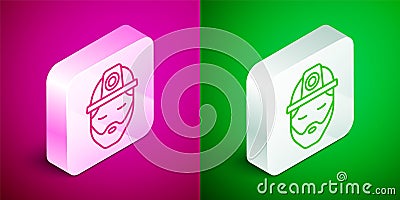 Isometric line Builder icon isolated on pink and green background. Construction worker. Silver square button. Vector Vector Illustration