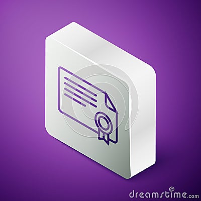 Isometric line Certificate template icon isolated on purple background. Achievement, award, degree, grant, diploma Vector Illustration