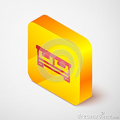 Isometric line Chest of drawers icon isolated on grey background. Yellow square button. Vector Vector Illustration