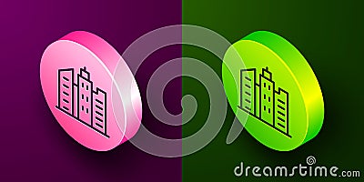 Isometric line City landscape icon isolated on purple and green background. Metropolis architecture panoramic landscape Vector Illustration