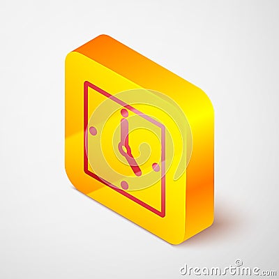 Isometric line Clock icon isolated on grey background. Time symbol. Yellow square button. Vector Vector Illustration