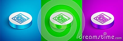 Isometric line Computer api interface icon isolated on blue, green and purple background. Application programming Vector Illustration