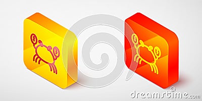 Isometric line Crab icon isolated on grey background. Yellow and orange square button. Vector Stock Photo