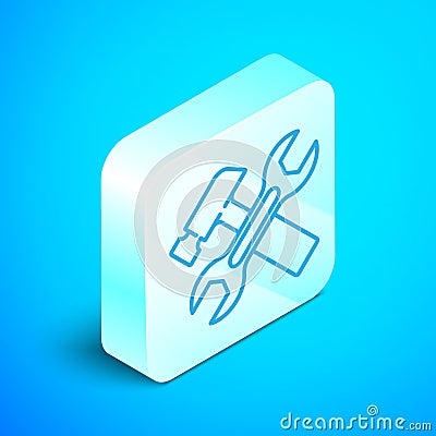 Isometric line Crossed hammer and wrench spanner icon isolated on blue background. Hardware tools. Silver square button Vector Illustration