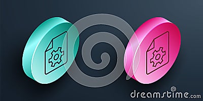 Isometric line Document settings with gears icon isolated on black background. Software update, transfer protocol Stock Photo