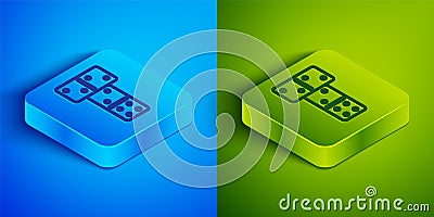 Isometric line Domino icon isolated on blue and green background. Square button. Vector Vector Illustration