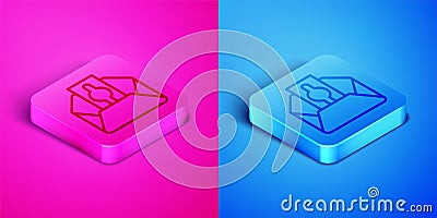 Isometric line Donate or pay your zakat as muslim obligatory icon isolated on pink and blue background. Muslim charity Vector Illustration