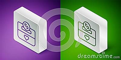 Isometric line Donation and charity icon isolated on purple and green background. Donate money and charity concept Vector Illustration