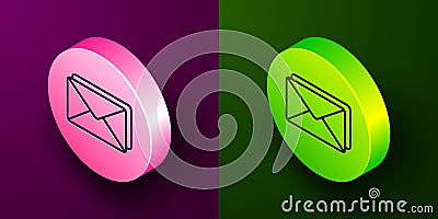 Isometric line Envelope icon isolated on purple and green background. Email message letter symbol. Circle button. Vector Vector Illustration