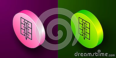 Isometric line Evacuation plan icon isolated on purple and green background. Fire escape plan. Circle button. Vector Stock Photo