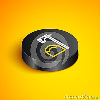 Isometric line Executioner axe in tree block icon isolated on yellow background. Hangman, torturer, executor, tormentor Vector Illustration