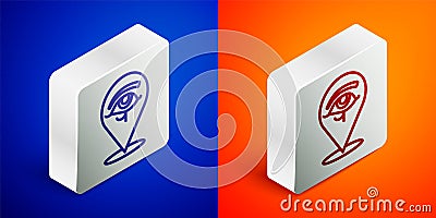 Isometric line Eye of Horus icon isolated on blue and orange background. Ancient Egyptian goddess Wedjet symbol of Vector Illustration