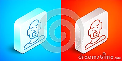 Isometric line Head of deaf and dumb guy icon isolated on blue and red background. Dumbness sign. Disability concept Vector Illustration