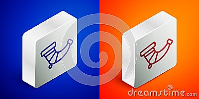 Isometric line Hunting horn icon isolated on blue and orange background. Silver square button. Vector Vector Illustration