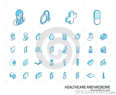 Medicine and healthcare isometric line icons. 3d vector Vector Illustration