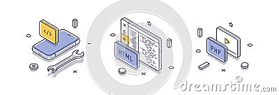 Isometric line icons showing web development elements including coding, HTML, and PHP tools Vector Illustration