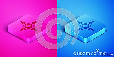 Isometric line Japanese ninja shuriken icon isolated on pink and blue background. Square button. Vector Vector Illustration