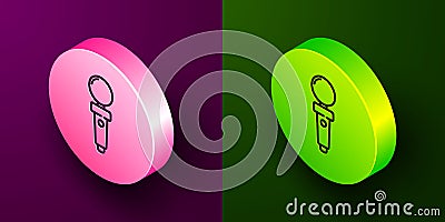 Isometric line Joystick for arcade machine icon isolated on purple and green background. Joystick gamepad. Circle button Vector Illustration