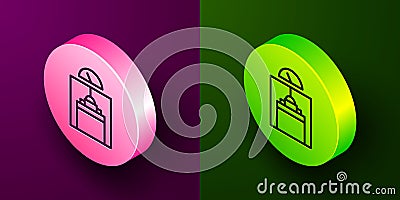 Isometric line Lift icon isolated on purple and green background. Elevator symbol. Circle button. Vector Stock Photo