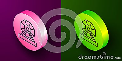 Isometric line Lottery machine icon isolated on purple and green background. Lotto bingo game of luck concept. Wheel Vector Illustration