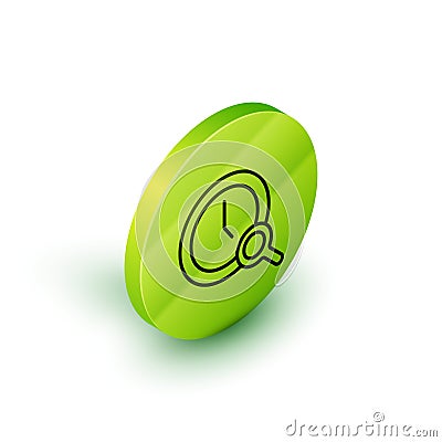 Isometric line Magnifying glass with clock icon isolated on white background. Clock search. Green circle button. Vector Vector Illustration