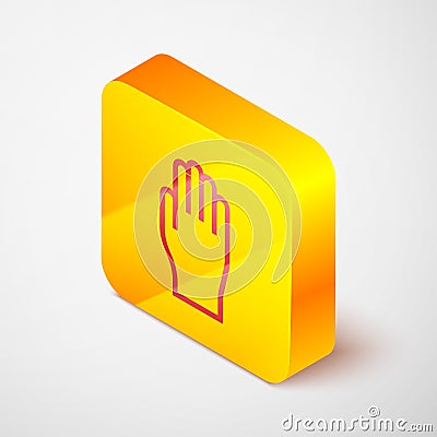 Isometric line Medical rubber gloves icon isolated on grey background. Protective rubber gloves. Yellow square button Vector Illustration