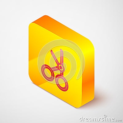 Isometric line Medical scissors icon isolated on grey background. Yellow square button. Vector Illustration Vector Illustration