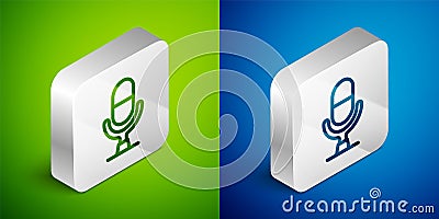 Isometric line Microphone voice device icon isolated on green and blue background. Microphone interpreter and alphabet Vector Illustration