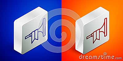 Isometric line Musical instrument trumpet icon isolated on blue and orange background. Silver square button. Vector Vector Illustration