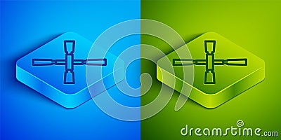 Isometric line Oars or paddles boat icon isolated on blue and green background. Square button. Vector Stock Photo