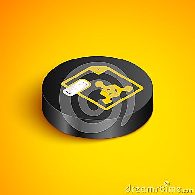 Isometric line OBJ file document. Download obj button icon isolated on yellow background. OBJ file symbol. Black circle Vector Illustration