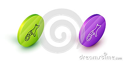 Isometric line Paralyzed dog in wheelchair icon isolated on white background. Green and purple circle buttons. Vector Vector Illustration