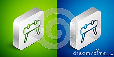 Isometric line Pommel horse icon isolated on green and blue background. Sports equipment for jumping and gymnastics Vector Illustration