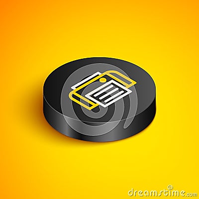 Isometric line Printer icon isolated on yellow background. Black circle button. Vector Vector Illustration