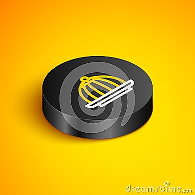 Isometric line Pudding custard with caramel glaze icon isolated on yellow background. Black circle button. Vector Vector Illustration