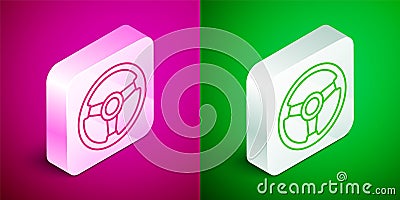 Isometric line Racing simulator cockpit icon isolated on pink and green background. Gaming accessory. Gadget for driving Vector Illustration