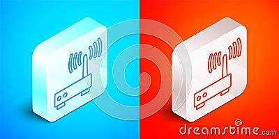 Isometric line Router and wi-fi signal icon isolated on blue and red background. Wireless ethernet modem router Vector Illustration