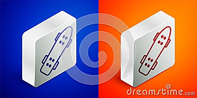 Isometric line Skateboard icon isolated on blue and orange background. Extreme sport. Sport equipment. Silver square Stock Photo