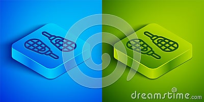 Isometric line Snowshoes icon isolated on blue and green background. Winter sports and outdoor activities equipment Vector Illustration