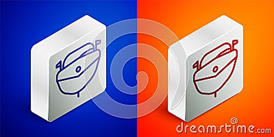 Isometric line Speedboat icon isolated on blue and orange background. Silver square button. Vector Illustration Vector Illustration