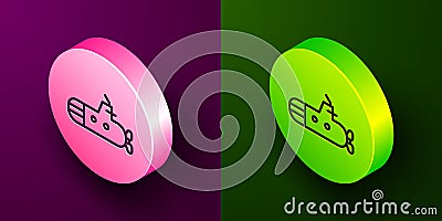 Isometric line Submarine icon isolated on purple and green background. Military ship. Circle button. Vector Vector Illustration