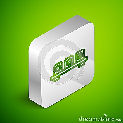 Isometric line Sushi on cutting board icon isolated on green background. Asian food sushi on wooden board. Silver square Vector Illustration